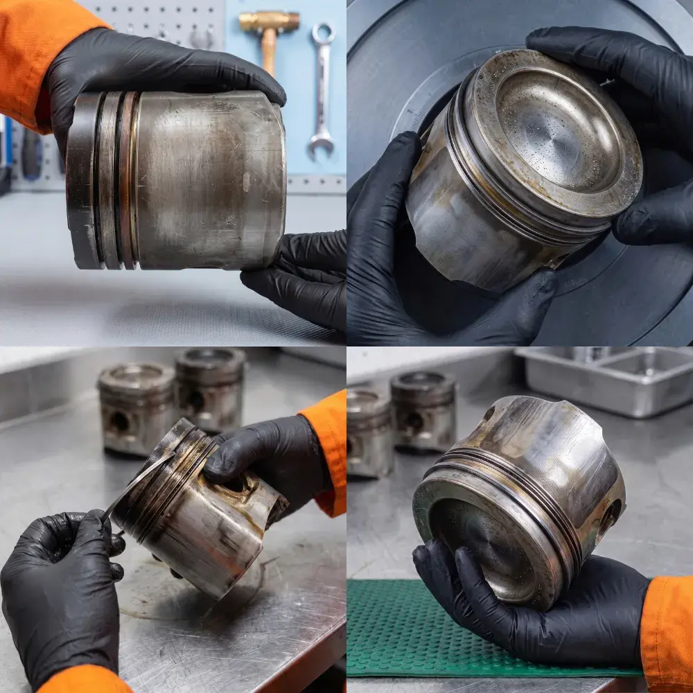 Piston with carbon buildup and cleaned ring grooves after treatment
